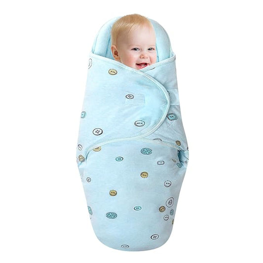 Organic Cotton Baby Swaddle Blankets, Unisex Baby Blanket Wrap for Newborn Baby Boys Girls, Skin Friendly Wearable Swaddling Sleep Sack Calms Startle Reflex (Button, Blue, 3-6 Months)