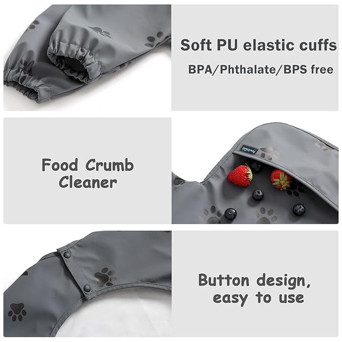 Baby Bib with Long Sleeves Bib & BLW, Machine Washable & Soft and Skin-Friendly Material, Coverall Bibs for Baby Feeding, Waterproof and Easy to Clean, for Baby Infant Toddlers (Dark Grey)