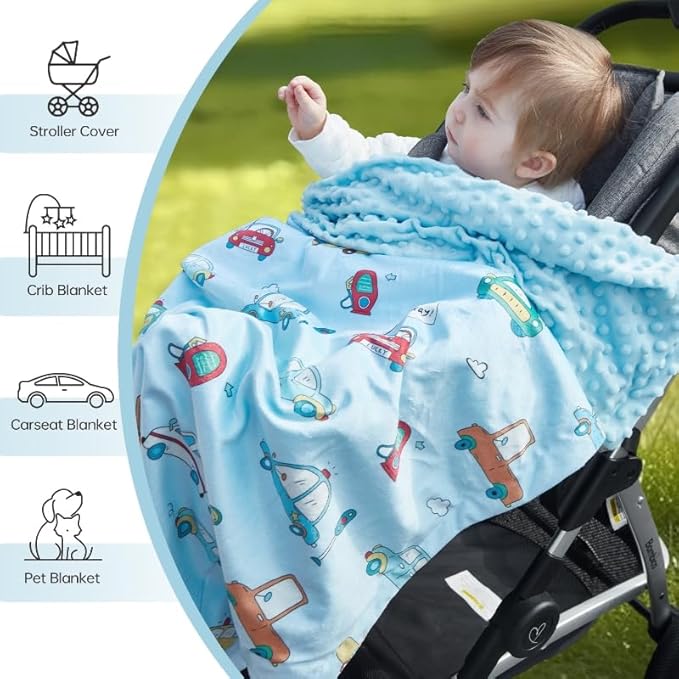 QSTEHEML Baby Blankets for Boys Neutral,Super Soft Nursery Minky Blanket Unisex, Baby Gifts Double Layer with Dotted Backing, Nursery Blankets for Crib Stroller(Blue Car30*40in)