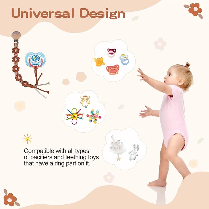 Pacifier Clip for Boys Girls Floral Daisy Macrame Paci Clip Pacifier Holder Leash Boho Wooden Clips Handmade Braided Cotton Unisex Baby Shower Birthday Gift