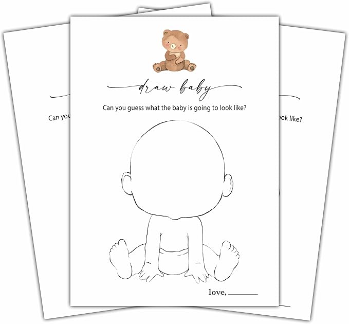 Draw Baby Games Set, Minimalism Baby Shower Party Game Card, Boho Bear Themed Gender Neutral Party Ideas Activities, Baby Shower Party Supplies & Decorations -A06