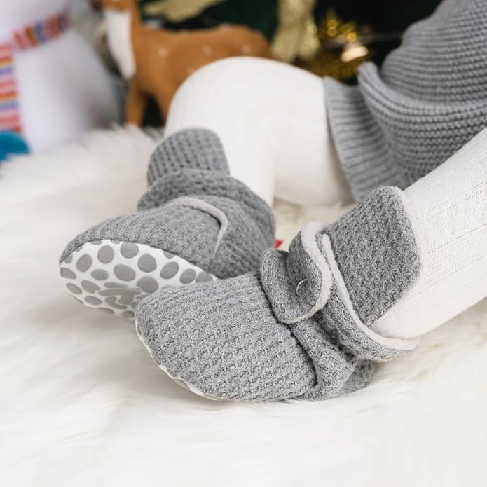 Sawimlgy Newborn Infant Baby Girl Boy Cotton Booties Stay On Sock Slippers Soft Bedroom Shoes Non-Skid Ankle Boots With Grippers Toddler Crib Warm Shoe First Walker Birthday Shower