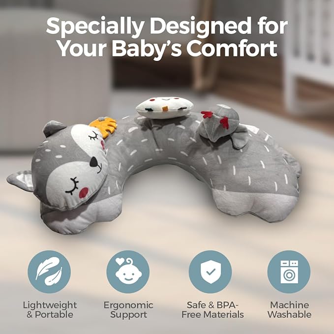 Tummy Time Pillow with 3 Detachable Sensory Toys - Infant Head Support & Neck Strengthening Mat - Soft & Breathable Baby Gym Play Pillow - Machine Washable (Gray Fox)