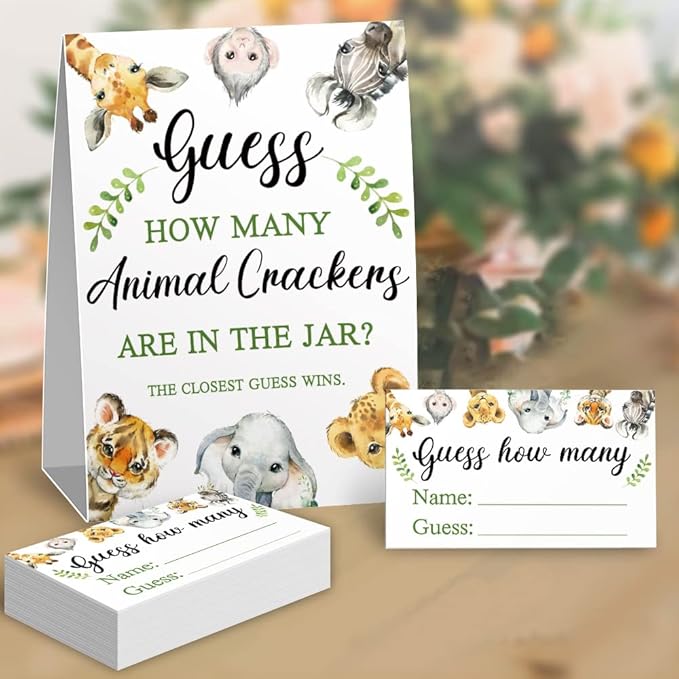 Guessing Animal Crackers Baby Shower Party Game Cards, Woodland Forest Animals Baby Shower Party Raffle Insert Ticket, Baby Showers Decorations Game Cards Kit (1 Standing Sign + 50 Guessing Cards)