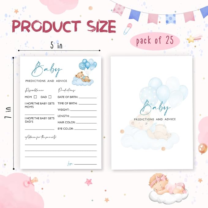 Baby Predictions & Advice Baby Shower Games, 25 Double-Sided Blue Bear Games for Boys, Interactive Party Supplies - B04