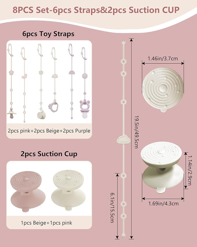 6 Pack Silicone Baby Toy Straps with 2 pcs Suction Cup Bases, Silicone Pacifier Holder, Toy Strap,Adjustable Toy Holder for Stroller Accessories, Car Seat, Highchair,Crib (B)