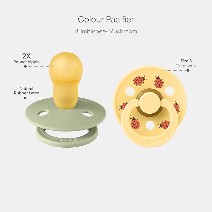 BIBS Colour Studio Soother 2-Pack, BPA Free Dummy Pacifier, Round Nipple. Natural Rubber Latex, Made in Denmark, Size 3 (18+ Months), Sage/Pale Butter