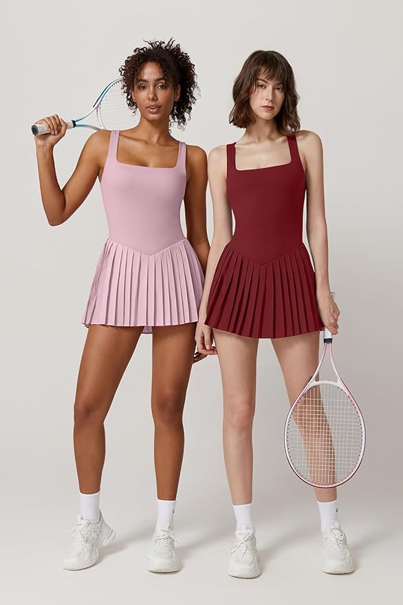 QINSEN Womens Square Neck Tennis Dress Pleated Sleeveless Built in Shorts Golf Athletic Dress with Pockets