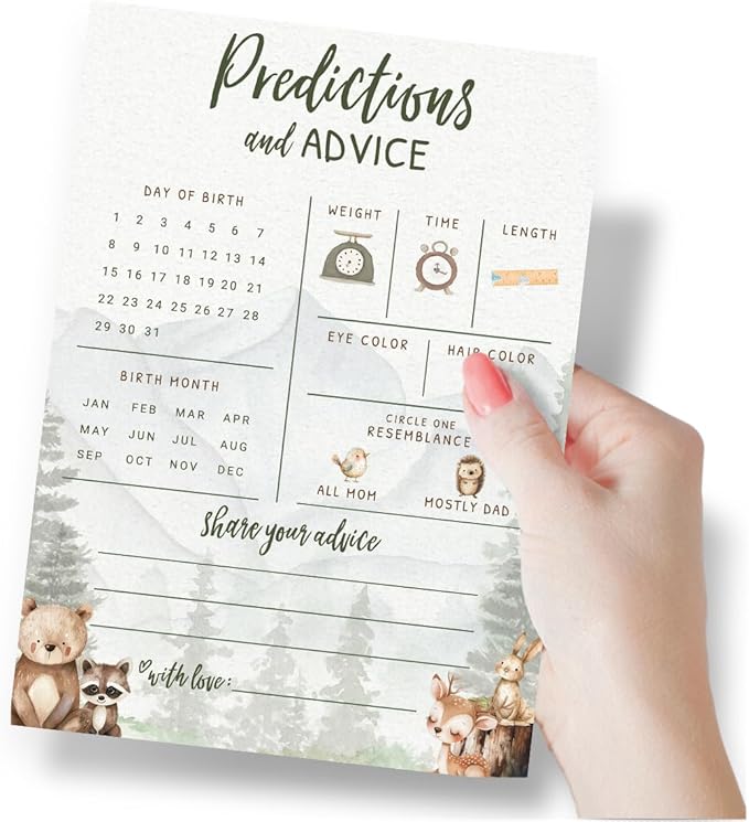 Printed Party Baby Predictions & Advice Cards – Woodland Adventure Baby Shower Game, Adorable Forest Animals Theme for Boy, 30 Pack