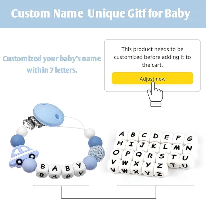 Personalized Pacifier Clip with Name for Baby, Customized Pacifier Clip Fits All Pacifiers,Car (Blue)