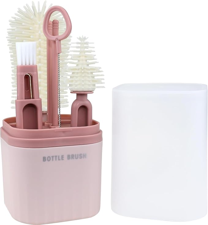 Silicone Baby Bottle Brush Set, Includes Baby Bottle Brush, Nipple Brush, Straw Brush, Spout Brush, Drying Rack and Storage Box, Portable and Travel-Friendly (Round - Pink)