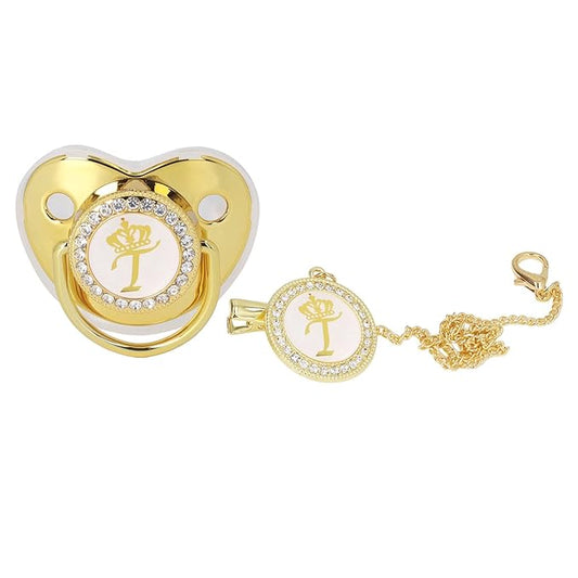 Luxury Golden Letter Baby Pacifier Set with Personalized Bling Design, Clips, Anti-Dust Cover for Newborn Photography, Letter T