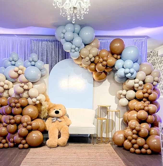 Brown And Blue Balloon Garland Double Stuffed Nude Tan Light Blue Beige Latex Balloon Arch Kit for Neutral Baby Shower Teddy Bear Gender Reveal Wedding Birthday Party Decorations