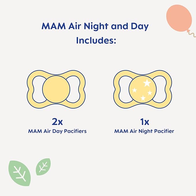 MAM Air Night & Day Baby Pacifier, for Sensitive Skin, Glows in The Dark, 3 Pack, 6-16 Months, Unisex