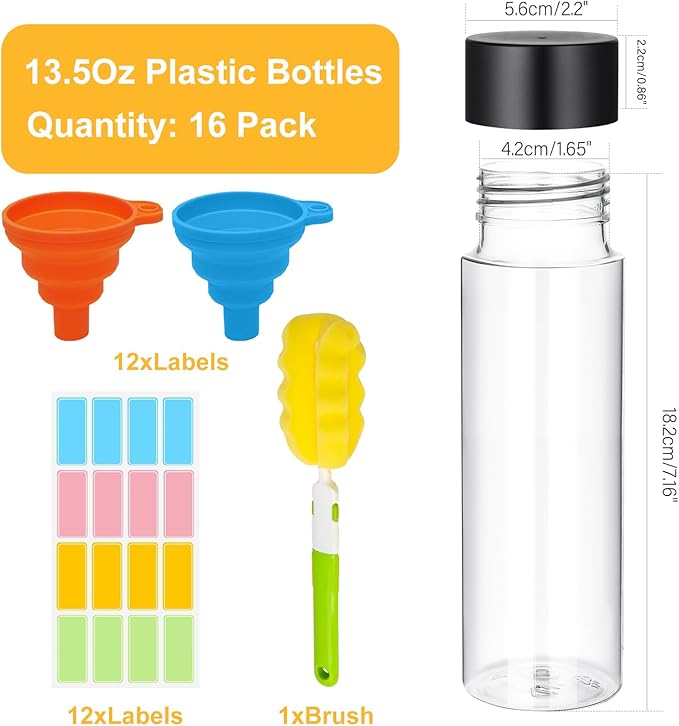 DI QIU REN 16 Pcs Clear Plastic Bottles Empty Sensory Bottles with Caps PET Plastic Juice Bottles Reusable Bulk Leakproof Drink Container Water Bottle for Juice Milk (Black Lid, 13.5 oz/ 400 ml)
