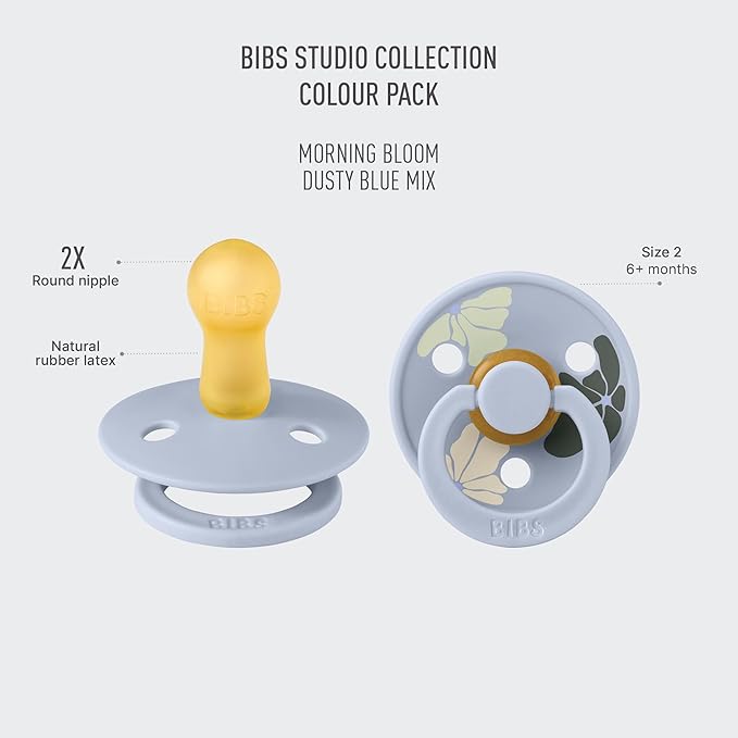 BIBS Pacifiers - Colour Studio 2 Pack | Round Nipple Baby Pacifier | BPA Free Natural Rubber Latex Soother | Made in Denmark | Size 0+ Months | Morning Bloom Dusty Blue