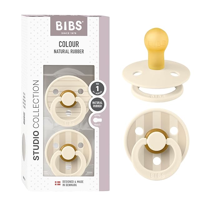 BIBS Pacifiers - Colour Studio 2 Pack | Round Nipple Baby Pacifier | BPA Free Natural Rubber Latex Soother | Made in Denmark | Size 0+ Months | Pin Ivory Vanilla