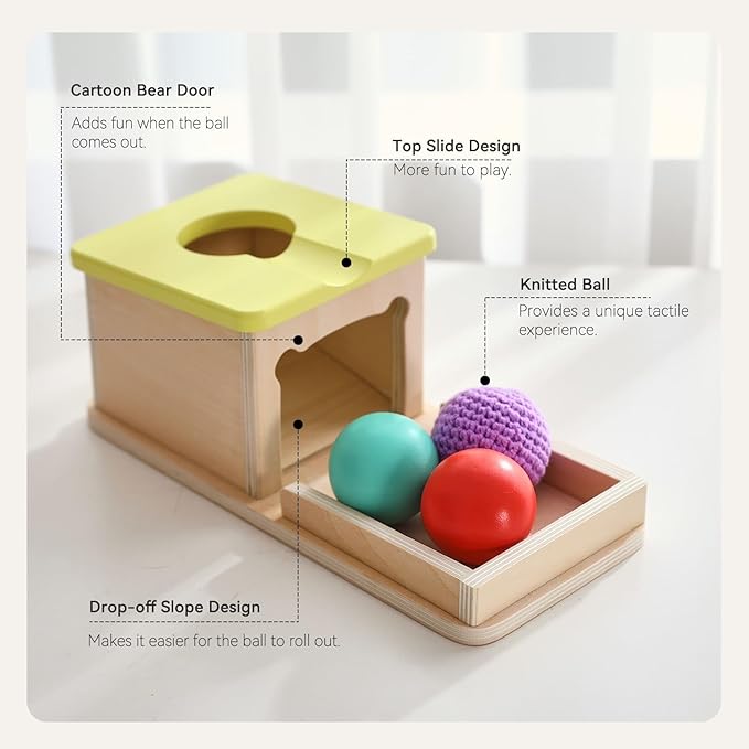 IEATFO Object Permanence Box with Tray Three Colored Balls (2 Wood+1 Knit) - Montessori Wooden Ball Drop Toy with Slide and Bear Shape - Fine Motor Skills Development Toy Age 1-3