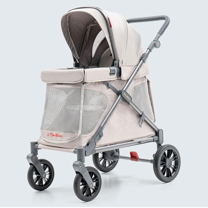 Familidoo Q1 Multi-Use Kids Wagon Stroller – Foldable, Lightweight & All-Terrain for Kids & Pets – 5-Point Safety Harness, Rain Cover & Compact Travel Design – Supports Up to 132 lbs (Ash Rose)
