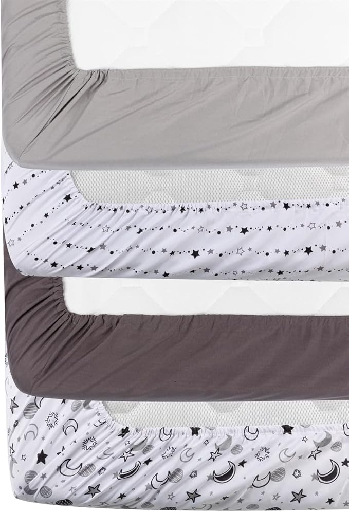4 Pack Star and Moon Neutral Unisex Fitted Baby Crib Sheets Set for Baby Boys or Girls