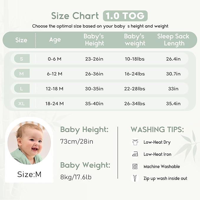 Yoofoss Rayon Made from Bamboo Baby Sleep Sack 12-18 Months 1.0 Tog Baby Wearable Blanket, Super Soft Infant Toddler Sleeping Sack 2-Way Zipper