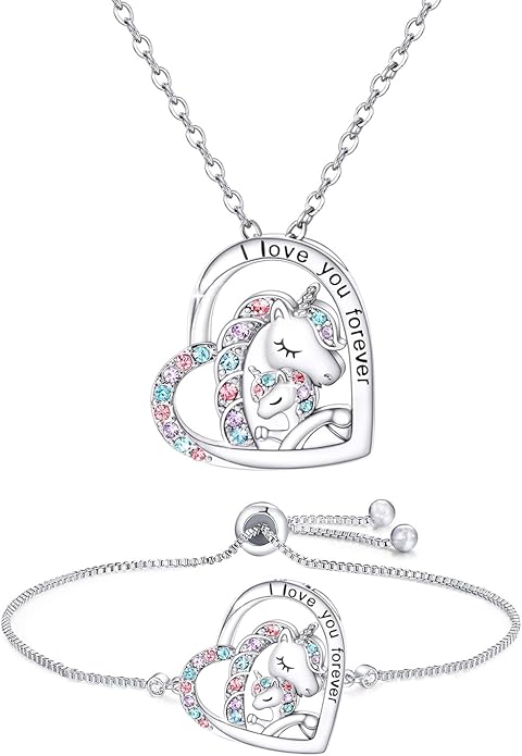 M&Ostyle I Love You Forever Jewelry Set for Girls Necklace and bracelet Crystal Heart Pendant Necklaces Gifts For Girls Daughter Granddaughter Niece Birthday Christmas