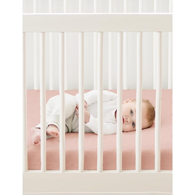 Konssy Muslin Mini Crib Sheets, 100% Soft Cotton Pack and Play Sheets for Pack N Play Mattress, Playard Baby Crib Sheets for Baby Girls (Pink, Cream)
