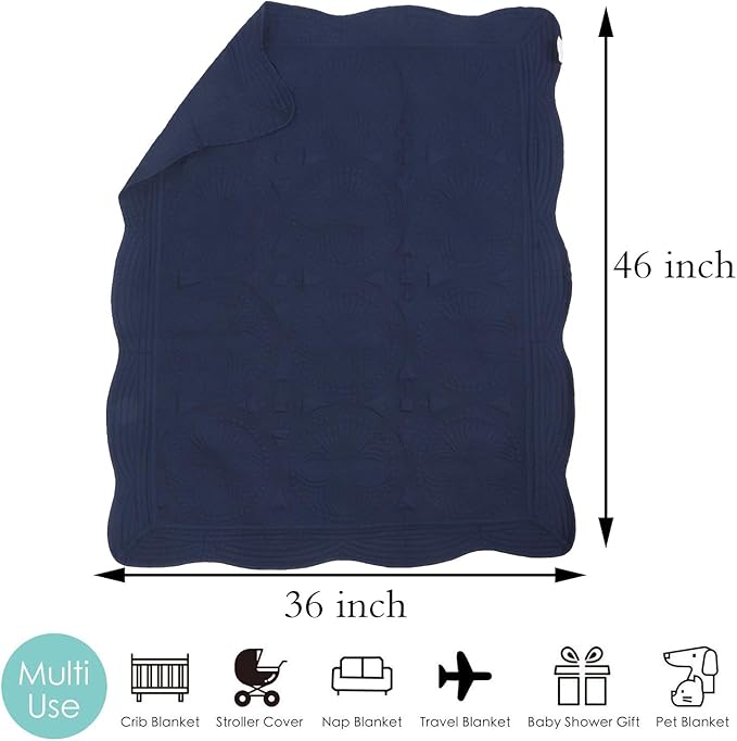 MONOBLANKS Baby Quilt Personlized Monogram Lightweight Embossed Scalloped Throw Blanket Four Seasons (Navy)