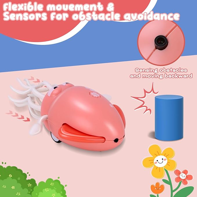 Dancing Octopus Baby Toy, Tummy Time Toys, with Music and Led Light, Automatically Avoids Obstacles, Crawling Toy Suitable for Birthday Gifts for Toddlers Over One Month Old(Pink)
