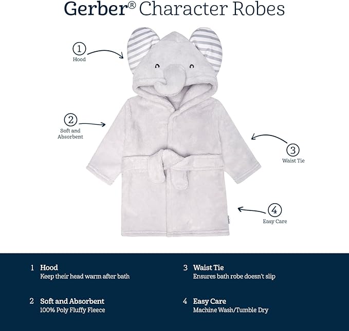 Gerber Unisex Baby Plushy Soft Hooded Animal Character Bathrobe