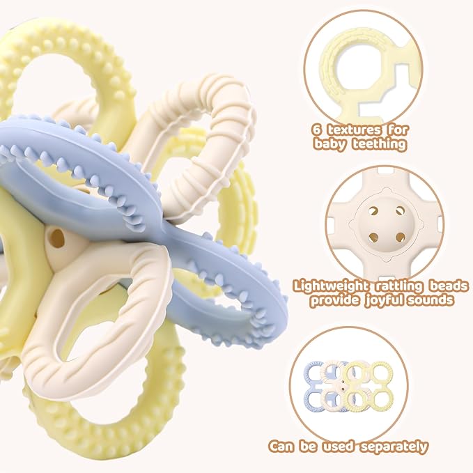 Baby Teething Toys 3 in 1 Silicone Teethers - BPA Free Food Grade Silicone Teething Ring Rattle Toys for Babies 3-6 Months 6-12 Months, Soft & Easy Hold, Baby Chew Toy for Toddlers (Yellow)