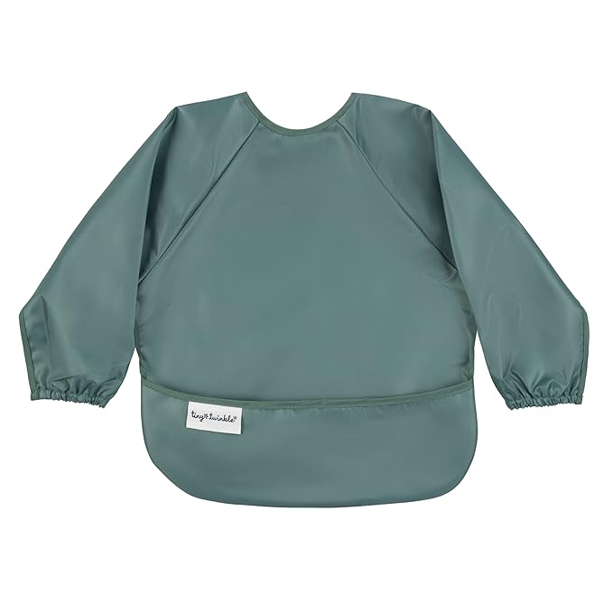 Tiny Twinkle Mess Proof Baby Bib,Waterproof Smock Bibs for Eating,Washable Long Sleeve Bib for Toddler(Olive Green, Large 2-4 Years)