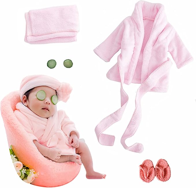 5PCS Newborn Photography Outfits, Baby Bathrobes Bath Towel Outfit with Slippers Photo Props for Girls and Boys