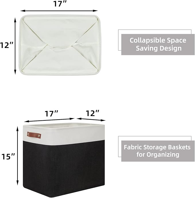 HNZIGE Baskets Shelf Baskets for Clothes 2 Pack Large Storage Bins Fabric Baskets for Organizing, Collapsible Rectangular Canvas Linen Storage Basket with Handles for Storage Closet (White&Black)