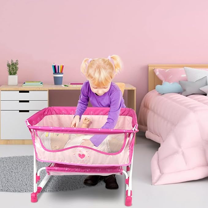 ANIVIA Doll Bed Furniture 2 Function Toy, Doll Bed and Doll Swings Together for 18 inches Baby Dolls, Baby Doll Crib with Bottom (DP601PINK)