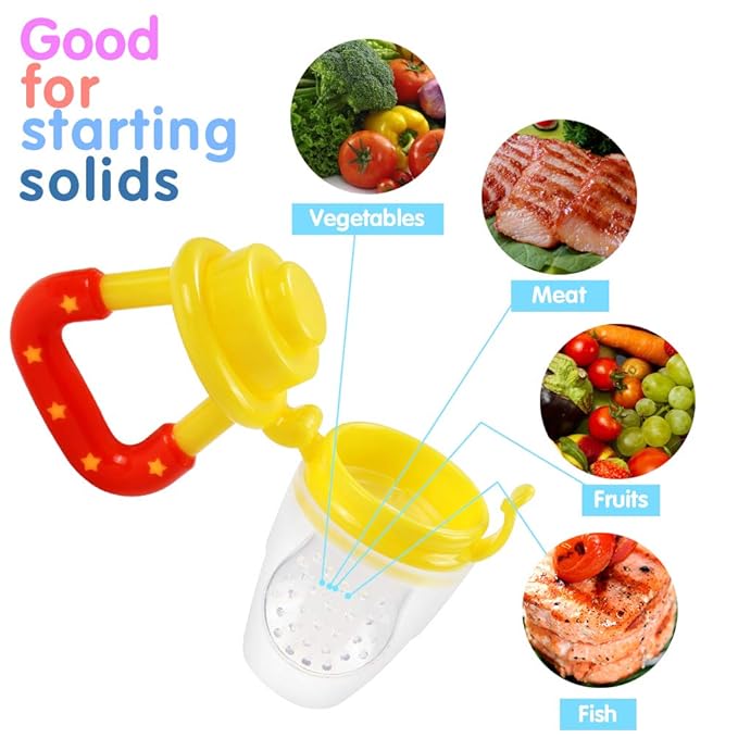 Baby Fruit Feeder by HAOBAOBEI, Frozen Teething Toys for Babies, Fruit Pacifier Feeder with 4 Sizes Silicone Pouches, Eating Essentials, BPA Free Feeding Supplies -2 Pack (Pink Yellow)