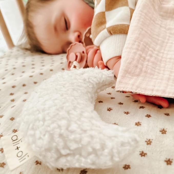 Ali+Oli Plush Pacifier Holder (Moon-White) Soft Binky Holder for Babies, Plush Holder for Pacifiers, Cute Baby Binkies Plush Holder, Pacifier Holder for Baby Boys & Girls, Baby Toy with Cute Decor