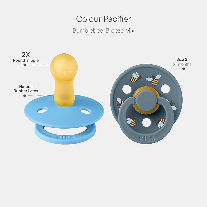 BIBS Colour Studio Soother 2-Pack, BPA Free Dummy Pacifier, Round Nipple. Natural Rubber Latex, Made in Denmark, Size 2 (6-18 Months), Breeze/Petrol