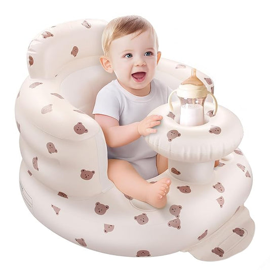 Arscniek Inflatable Baby Seat Built in Air Pump, Blow Up Baby Chair with Back Support and Tray, Sit Me Up Floor Seat for Babies 3-36 Months, Portable Infant Chairs for Indoor and Outdoor - Bear Head
