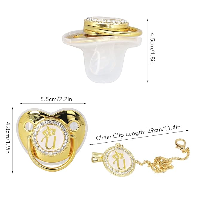 Personalized Golden Letter Baby Pacifier with Bling Design, Clips, Anti-Dust Cover for Newborn Photography, Letter U