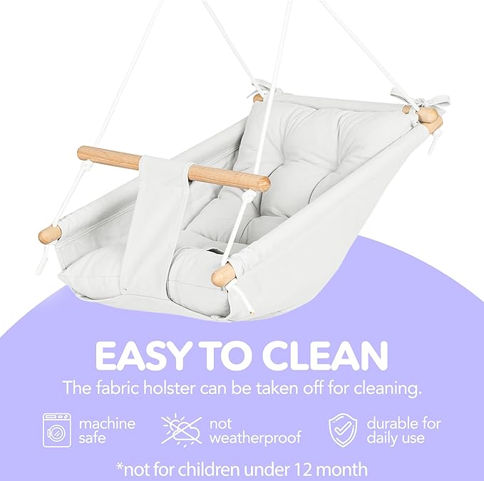 CaTeam Canvas Toddler Swing – Indoor/Outdoor Hanging Chair for Patio & Playroom with Safety Belt – Wooden Baby Seat for Ages 12+ Months – Ivory