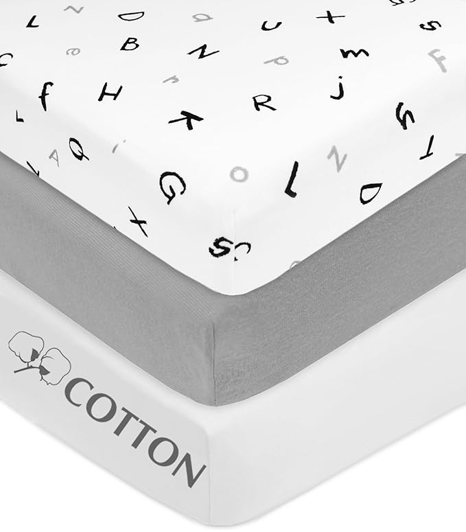 American Baby Company 3 Pack Printed 100% Cotton Jersey Knit Fitted Crib Sheet for Standard Crib and Toddler Mattresses, Alphabet/Gray/White, for Boys and Girls