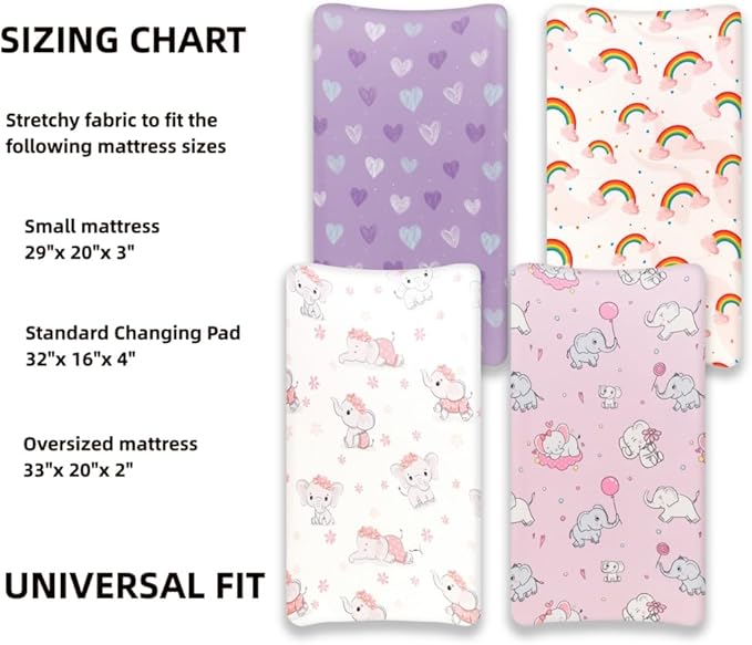 4 Pack Baby Girl Changing Pad Covers Sheets Set Soft Fitted Floral or Elephant Theme Baby Girl Mattress Covers Breathable Toddler Bed Sheets for Infant or Newborn Girls (Elephant, Changing Pad Covers)