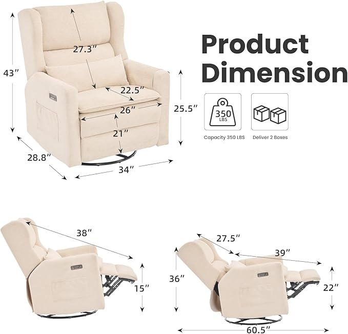 Oversized Swivel Rocker Recliner with Adjustable Headrest, 26" Extra Wide Glider Recliner Nursery Chair with Double Cushion, Chenille Glider Rocking Chair for Living Room,Cup Holder,Beige