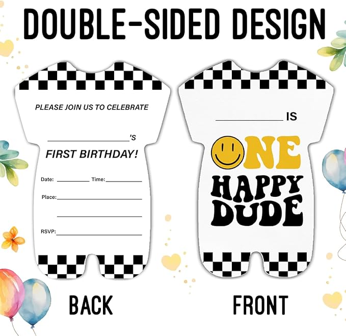 LyoGao One Happy Dude Birthday Invitations for Boy Smily Face First Birthday Party Fill in Invites Cards With Envelopes (20 Pack)