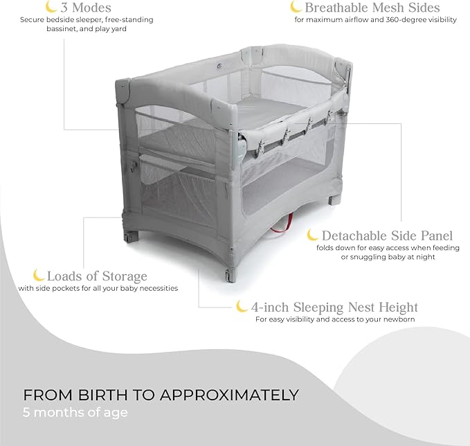Arm’s Reach Ideal Ezee 3 in 1 Co-Sleeper Folding Bedside Bassinet and Play Yard Featuring Breathable Mesh Sides with Side Pockets for Storage and 4-Inch Sleeping Nest, White