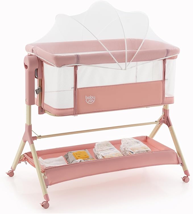 BABY JOY Bassinet, 3 in 1 Rocking Bedside Bassinet w/Storage Basket, Universal Wheels, Adjustable Height, Mattress, Net & Portable Bag, Carriable Crib Baby Bassinets Bedside Sleeper (Pink)