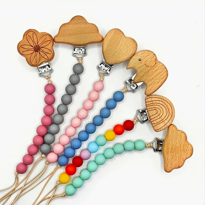 Wood Paci Clips 2 Pack for Baby Boy, Premium Flexible Bead Design, Universal Fit, Safe Pacifier Holder