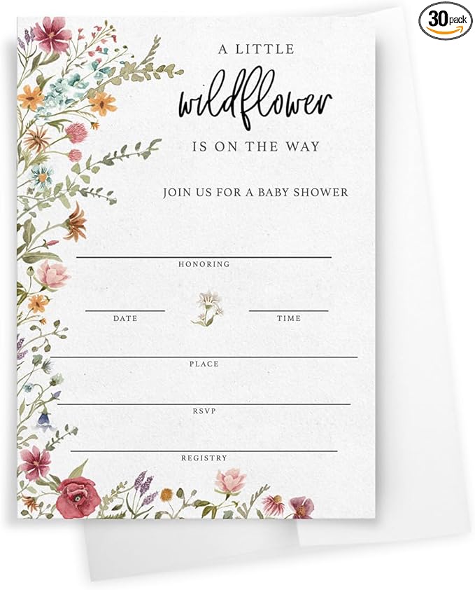 Printed Party Baby Shower Invitations with Envelopes – Wildflower Theme for Girl, Baby In Bloom Sprinkle, Set of 30