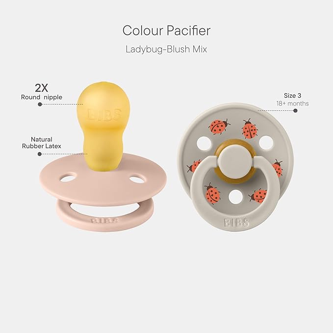 BIBS Colour Studio Soother 2-Pack, BPA Free Dummy Pacifier, Round Nipple. Natural Rubber Latex, Made in Denmark, Size 3 (18+ Months), Blush/Sand